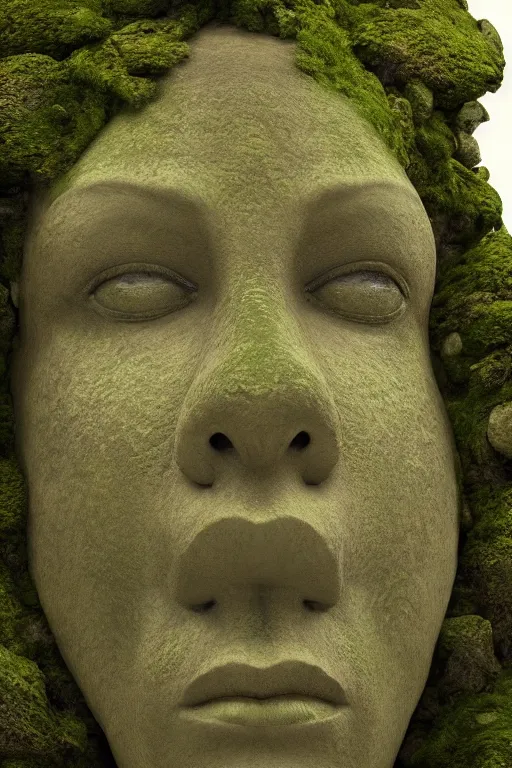 Image similar to giant stone statue of a goddess head, mossy stone, deep jungle, octane render, unreal engine, trending on artstation, ultra detailed, realistic, cinematic lighting, astmopheric, 8 k