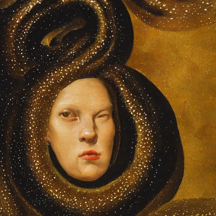 Prompt: a closeup portrait of an eel - headed woman, head of an eel, in a nebula, early netherlandish painting