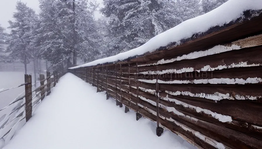 Prompt: wooden guardrails covered by snow in beautiful winter landscape. fog, snowstorm, photorealistic rendering, octane