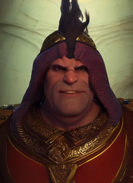 Image similar to portrait of sheikh ruler of dubai, ogre, troll, djinn, head and torso only, cinematic lighting, studio quality, smooth render, unreal engine 5 rendered, octane rendered, art style by klimt and nixeu and ian sprigger and wlop and krenz cushart.