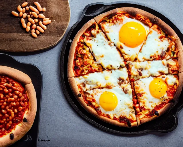 Image similar to dslr food photograph of a mouthwatering new york pizza with baked beans and egg on, 8 5 mm f 1. 4