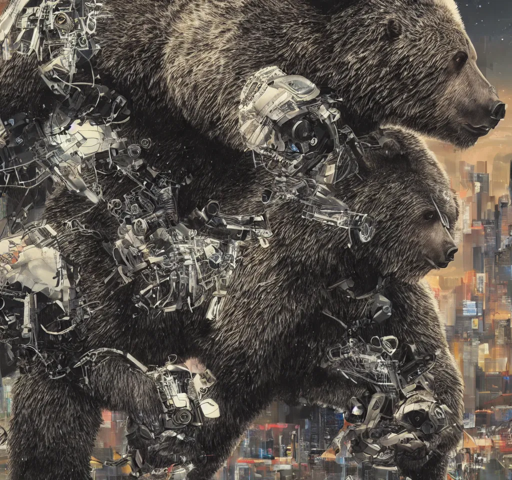 Prompt: a cyborg grizzly bear dj mixing records on stage, photorealistic, highly detailed, sharp focus, illustration, lifelike, highly detailed, intricate, cyberpunk, biomechanics,