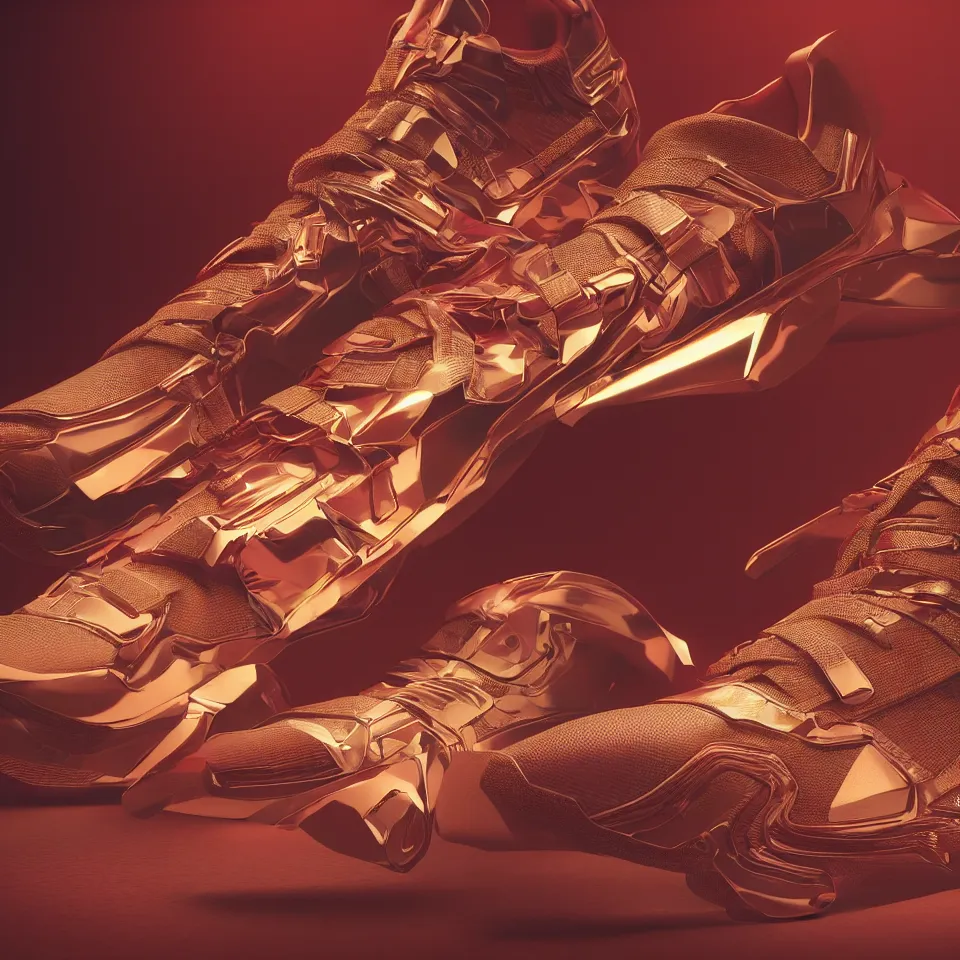 Image similar to realistic 3 d render product shot of a cyberpunk sneaker, beautiful studio lighting, soft, sharp focus, neon cyberpunk highlights, intricate detail, gold and red accents, soft rubber, octane render, wide angle, trending on artstation, deviantart, art by syd mead and issey miyake