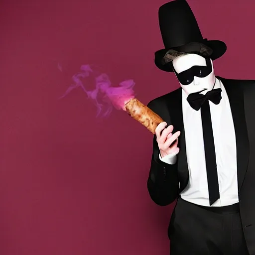 Prompt: A fashion editorial of Beetlejuice in a tuxedo smoking a cigar.