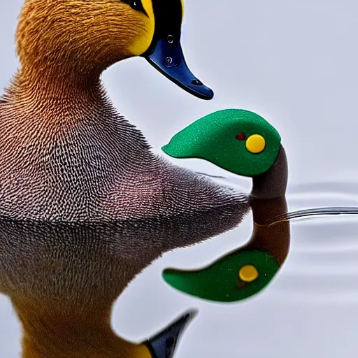 Image similar to A high detail closeup shot of a duck wearing a suit