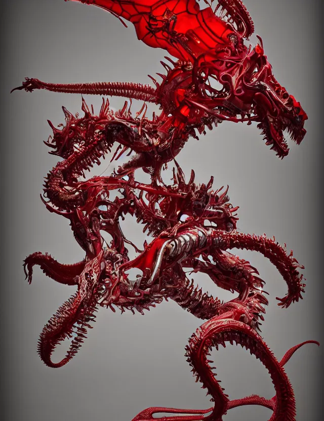 Image similar to legendary white dragon, red biomechanical details, wearing epic bionic cyborg implants, inflateble shapes, wires, tubes, red veins, jellyfish, masterpiece, intricate, biopunk, highly detailed, artstation, concept art, cottage core, cinematic focus, polaroid photo, bleached, vintage, high - key lighting, soft lights, foggy, by tarkovsky, 8 k