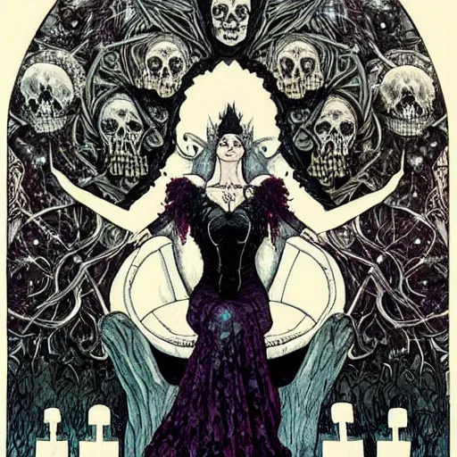 Image similar to the gothic wiccan beautiful queen witch occult woman sitting atop her throne made of skulls by gerald brom by anna steinbauer by kelly mckernan by edward gorey, trending on artstation