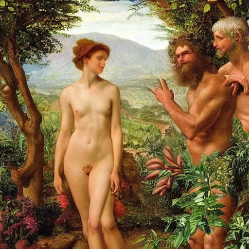 Prompt: adam and eve walking in the garden of eden, light brown skin, among vibrant plants and animals, visually stunning, by edward poynter, 8k