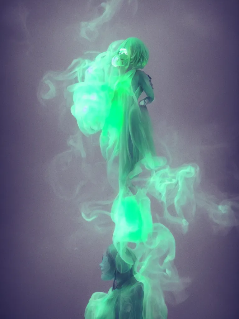 Prompt: cute fumo plush smiling ectoplasmic gothic macabre green jellyfish ghost girl, glowing milky wisps of hazy smoke and volumetric fog, lens flare, vignette, bokeh, refraction, vray