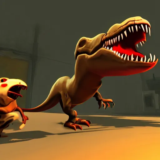 Prompt: t - rex chasing a small rat in team fortress 2 style