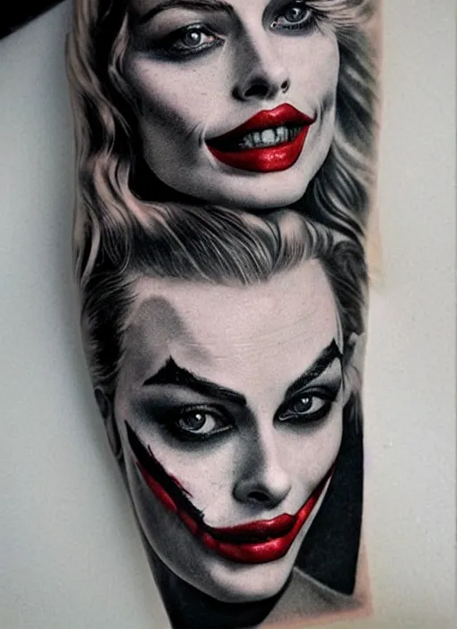 Prompt: tattoo design of beautiful margot robbie with a little smile with joker makeup and holding ace card, in the style of den yakovlev, realistic face, black and white, realism tattoo, hyper realistic, highly detailed