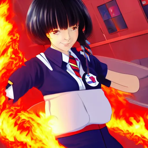 Image similar to Portrait of a Japanese schoolgirl with short hair in school uniform causing flames in a moment of rage with GUNDAM on background, ultra detailed, artstation, 8k, photorealistic, digital art.