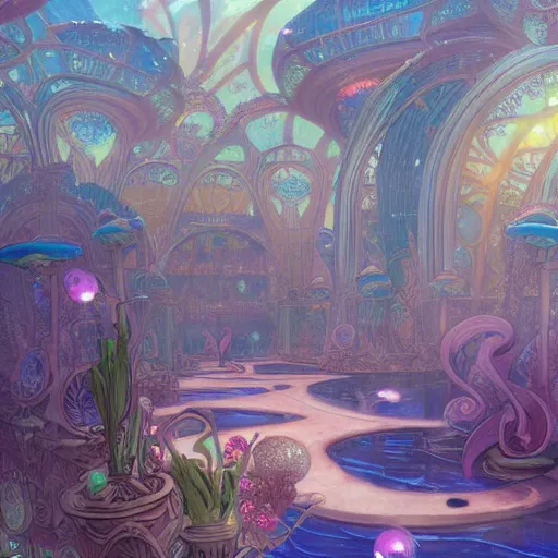 Image similar to a beautiful stunning fantasy whimsical matte digital storybook painting of the underwater city of Atlantis, art nouveau, bubbles splash shells fish details, pastel color palette, by Alphonse Mucha and Tyler Edlin, trending on artstation hq