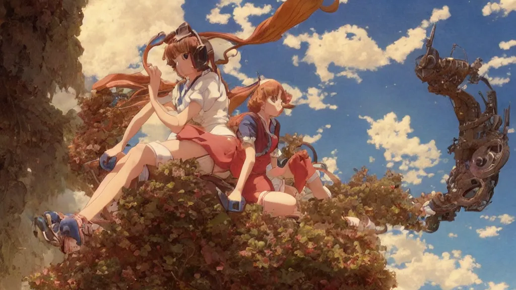 Prompt: a film still of a 1 9 5 0's mechanic anime girl sitting on top of flying ufo, finely detailed features, full body mid shot, detailed smooth face, perfect art,, trending on pixiv fanbox, painted by gaston bussiere, makoto shinkai, akihiko yoshida, gaston bussiere, craig mullins, studio ghibli