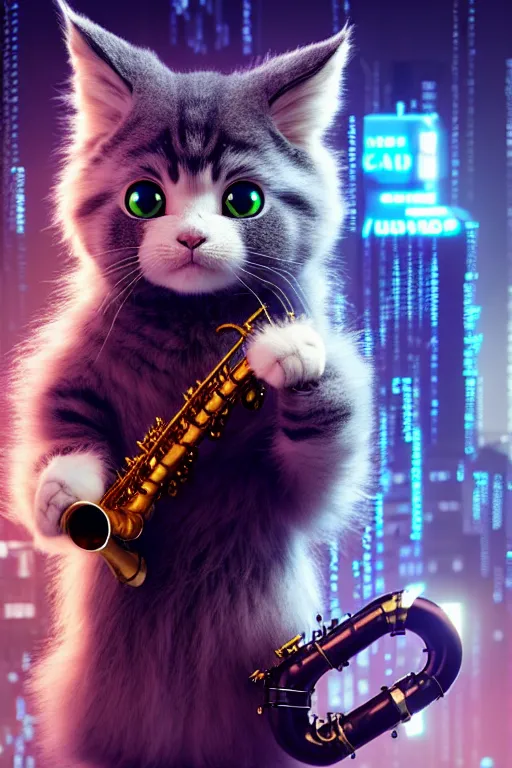 Image similar to high quality 3 d render very cute fluffy cyborg! cat plays saxophone, cyberpunk highly detailed, unreal engine cinematic smooth, in the style of blade runner & detective pikachu, hannah yata charlie immer, moody light, low angle, uhd 8 k, sharp focus