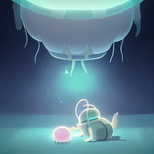 Prompt: a robot jellyfish eating a baby harp seal, in crystalline alien planet, atey ghailan, goro fujita, studio ghibli, scary lighting, clear focus, very coherent