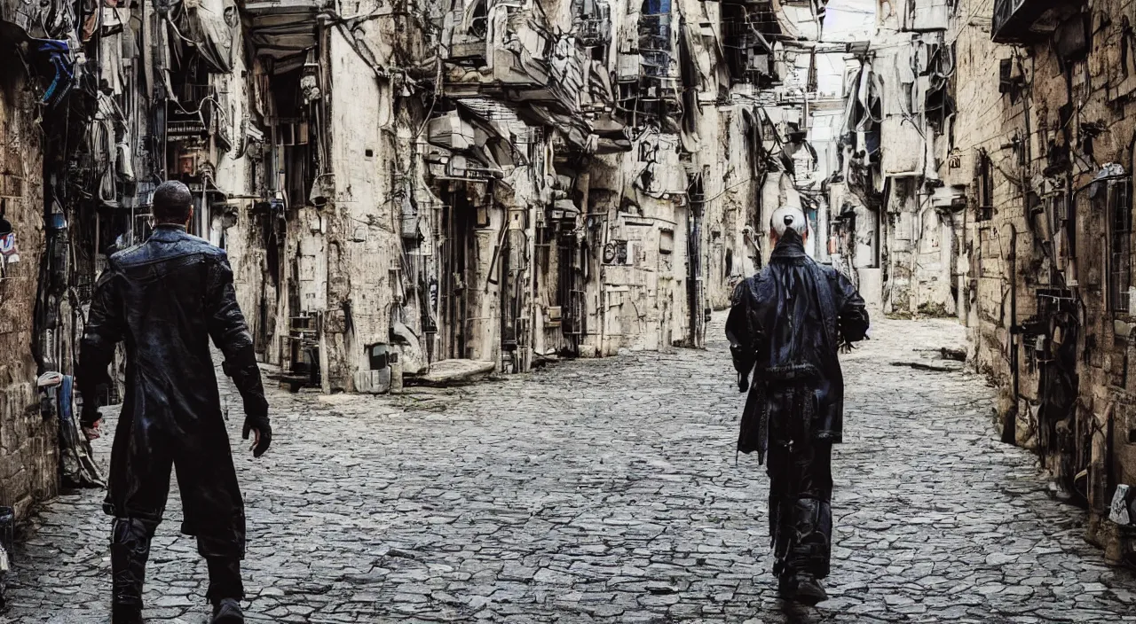 Image similar to a photo of a cyberpunk man walking in a medival village, the photo was taken from the ground looking up at the man's back, ultra high detail.