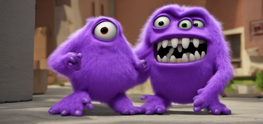 Image similar to a purple monster which is adorable, pixar, 4k, 100mm, full monster in frame