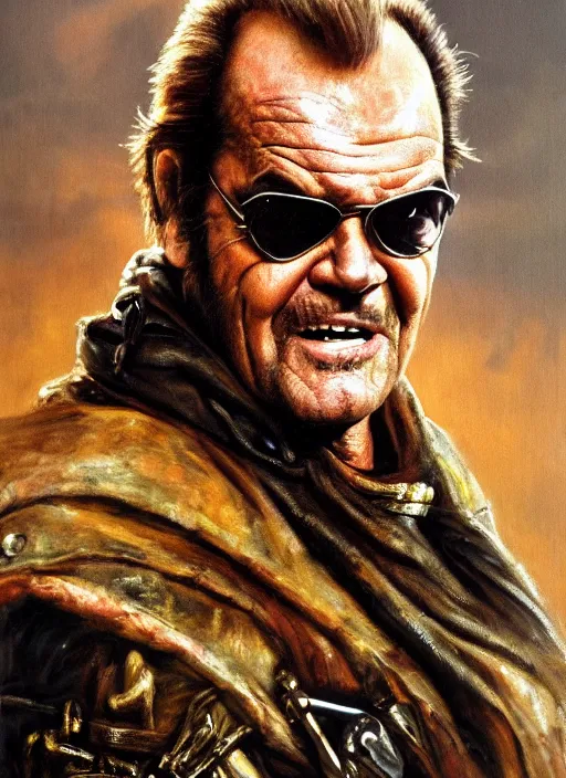 Prompt: portrait of jack nicholson as a scheming warlord character in mad max 2 : the road warrior, film still, detailed realism face in painting, detailed beautiful portrait, oil painting masterpiece, 8 k resolution, smooth, sharp focus, trending on artstation, by rembrandt