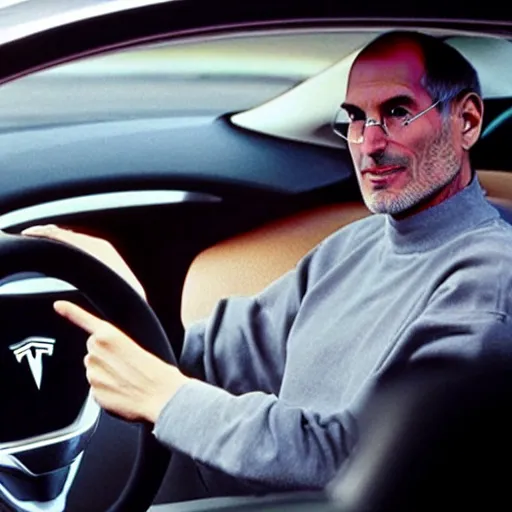 Image similar to Steve Jobs driving a Tesla car