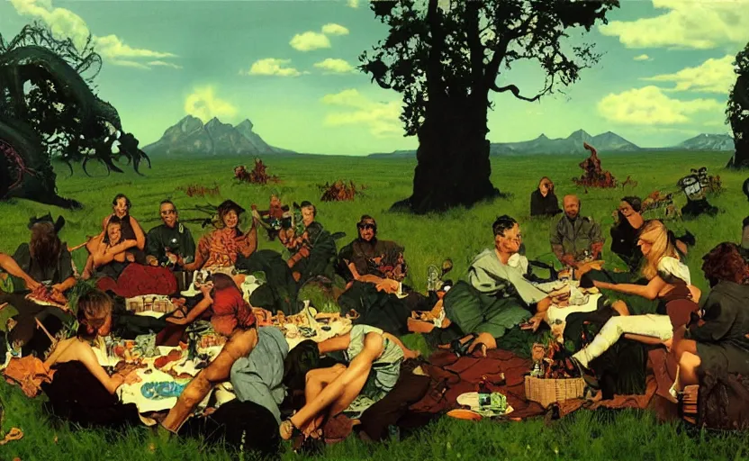 Prompt: cthulhu devouring a meadow by people having picnic. lovecraftian horror. highly detailed science fiction painting by norman rockwell, frank frazetta, and syd mead. rich colors, high contrast, gloomy atmosphere, dark background. trending on artstation