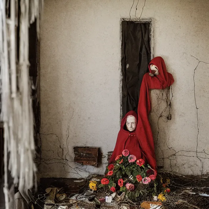 Image similar to a woman wearing a hooded cloak made of zinnias and barbed wire, in a derelict house, by Olivia Bee, natural light, detailed face, CANON Eos C300, ƒ1.8, 35mm, 8K, medium-format print