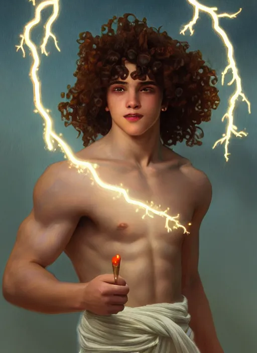 Image similar to portrait of teenage zeus, greek, short curly copper hair, smiling mischievously, wearing a white sash, olive tree, intricate, elegant, lightning bolt, glowing lights, highly detailed, digital painting, artstation, concept art, smooth, sharp focus, illustration, art by wlop, mucha, artgerm, and greg rutkowski