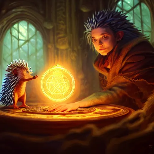 Image similar to Hedgehog healer, spell, magic the gathering artwork, D&D, fantasy, cinematic lighting, centered, symmetrical, highly detailed, digital painting, artstation, concept art, smooth, sharp focus, illustration, volumetric lighting, epic Composition, 8k, art by Akihiko Yoshida and Greg Rutkowski and Craig Mullins, oil painting, cgsociety