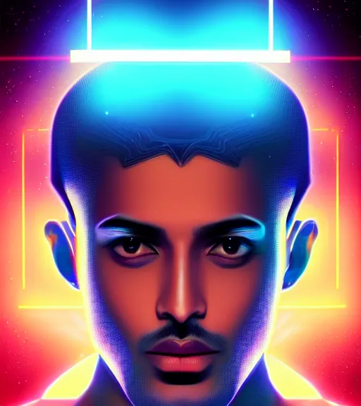 Image similar to symmetry!! indian prince of technology, solid cube of light, hard edges, product render retro - futuristic poster scifi, lasers and neon circuits, brown skin handsome indian prince, intricate, elegant, highly detailed, digital painting, artstation, concept art, smooth, sharp focus, illustration, dreamlike, art by artgerm