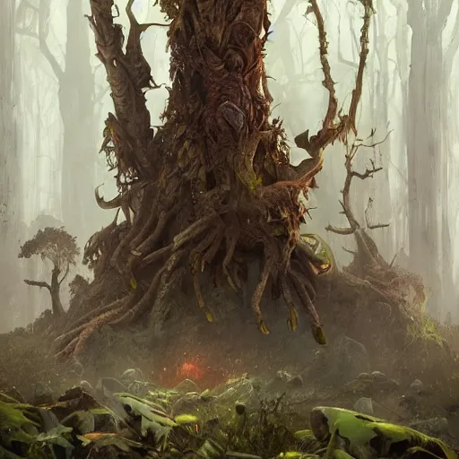 Prompt: a rat creature, in the shape of a ent, in a corrupted forest, by greg rutkowski, trending on art station, highly detailed, magic the gathering, matte painting