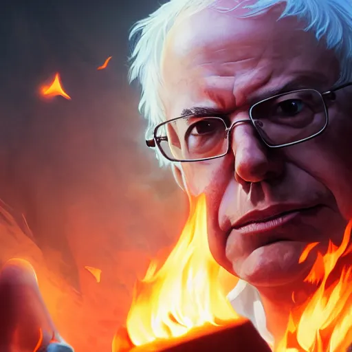 Image similar to portrait of bernie sanders burning money, league of legends amazing splashscreen artwork, splash art, natural light, elegant, photorealistic facial features, intricate, fantasy, detailed face, atmospheric lighting, anamorphic lens flare, cinematic lighting, league of legends splash art, hd wallpaper, ultra high details by greg rutkowski