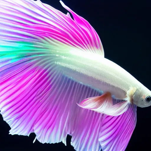 Prompt: a graceful iridescent white betta fish with long swirling fins, black-water-background, aquascaping-photo