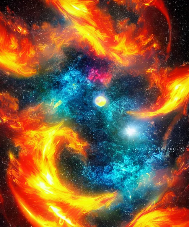 Image similar to black hole, sun, space, bright colors, surreal art, rule of thirds, phoenix flames, nebula clouds, soft tones