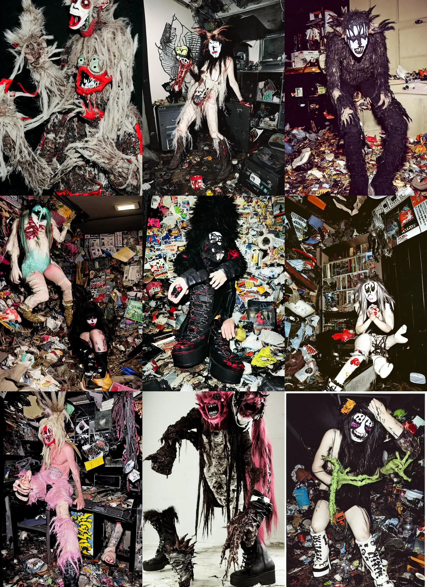 Image similar to photo of lace monster goblin wearing ripped up dirty Swear kiss monster teeth yeti platform boots in the style of Ryan Trecartin in the style of 1990's FRUiTS magazine 20471120 in japan in a dirty dark dark dark poorly lit bedroom full of trash and garbage server racks and cables everywhere in the style of Juergen Teller in the style of Shoichi Aoki, japanese street fashion, KEROUAC magazine, Walter Van Beirendonck W&LT 1990's, Vivienne Westwood, y2K aesthetic