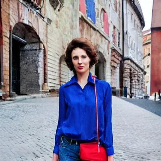 Prompt: beautiful woman wearing a red blouse, blue jeans, scarf. hyperrealistic