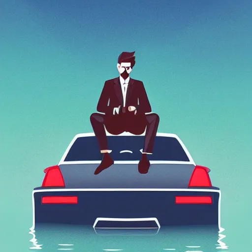 Prompt: a man in suit sitting on the top of a car in a flooded street, looking at his phone, art by James Gilleard, James Gilleard artwork