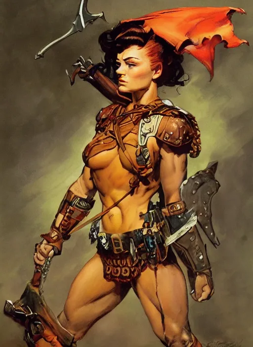 Image similar to portrait of strong female ranger, beautiful! coherent! dungeons and dragons character, by frank frazetta, by brom, strong line, deep color, leather armor, short buzzed hair, high contrast