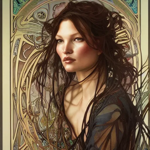 Prompt: realistic detailed face portrait of Kate Moss by Alphonse Mucha, Ayami Kojima, Amano, Charlie Bowater, Karol Bak, Greg Hildebrandt, Jean Delville, and Mark Brooks, Art Nouveau, Neo-Gothic, gothic, rich deep moody colors