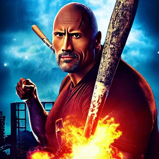 Image similar to movie poster of dwayne johnson with a baseball bat fighting godzilla outside a space station