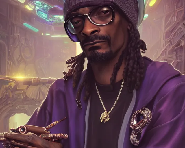 Image similar to man snoop dogg with cyberpunk implants, deep focus, d & d, fantasy, intricate, elegant, highly detailed, digital painting, artstation, concept art, matte, sharp focus, illustration, hearthstone, art by artgerm and greg rutkowski and alphonse mucha