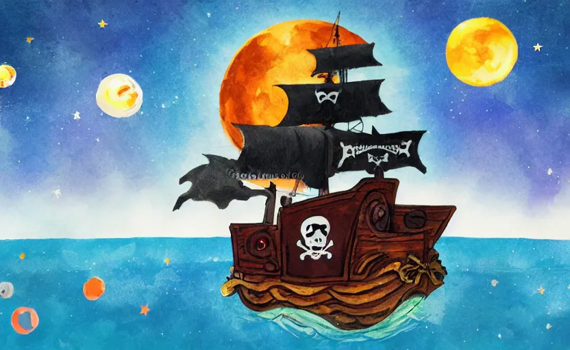 Image similar to pirate ship in space, storybook, gouache, flat, concept art, lush