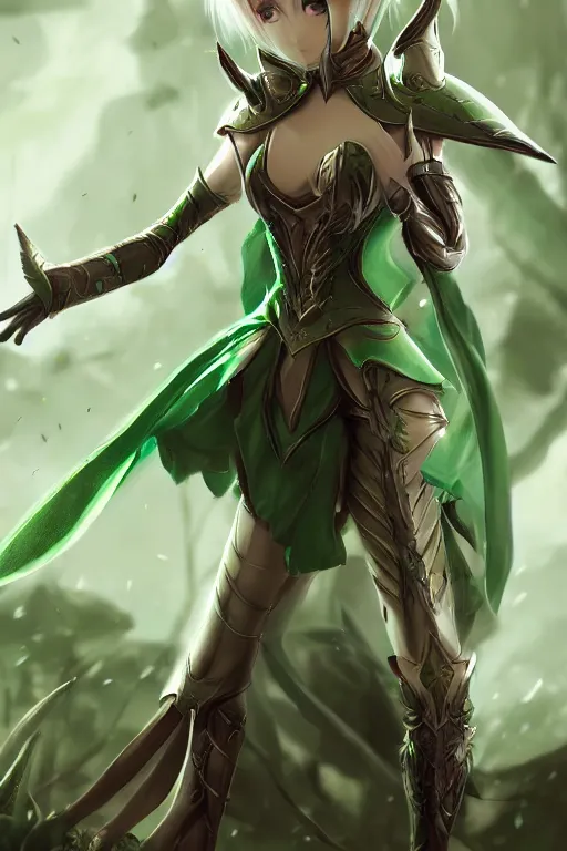 Prompt: anime elven heroine, knight, green screen background, by WLOP