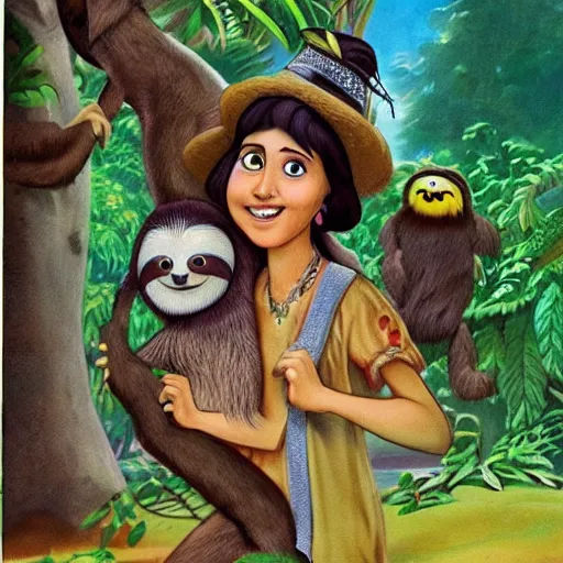 Prompt: a beautiful young indian cottagecore witch holds a cute sloth, 1 9 9 5 disney animation, highly detailed