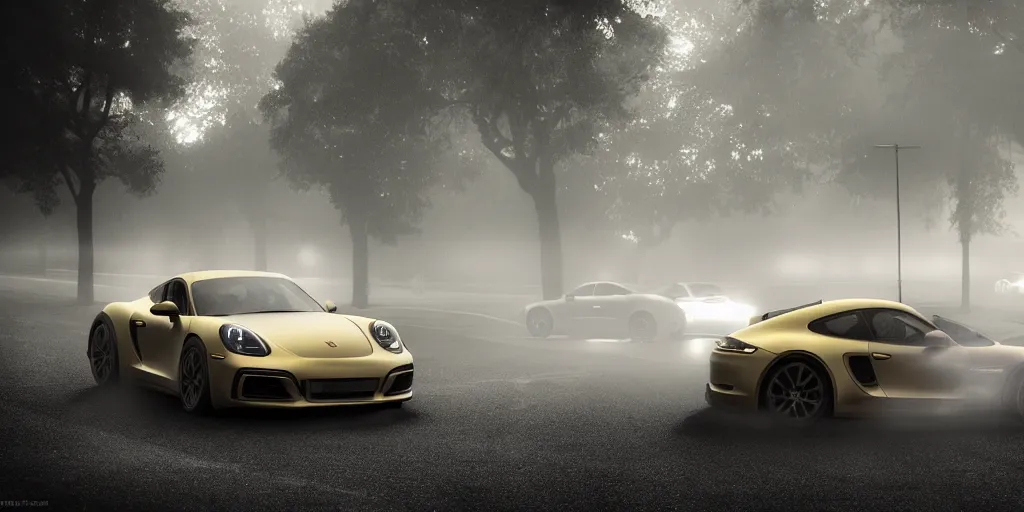 Prompt: parked Porsche sports car, fog, rain, volumetric lighting, beautiful, golden hour, sharp focus, highly detailed, cgsociety