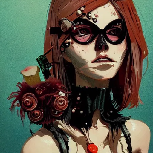 Prompt: Highly detailed portrait of a punk zombie young lady with freckles and shades and blonde wavy hair by Atey Ghailan, by Loish, by Bryan Lee O'Malley, by Cliff Chiang, by Goro Fujita, by Greg Tocchini, inspired by ((image comics)), inspired by nier:automata, inspired by graphic novel cover art !!!cyan, brown, black, yellow and white color scheme ((grafitti tag brick wall background))