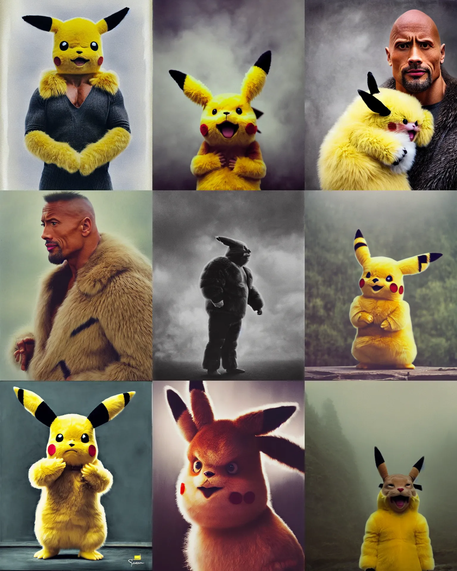 Prompt: Dwayne Johnson wearing pikachu fur costume with big ears , Cinematic focus, Polaroid photo, vintage, neutral colors, soft lights, foggy, mist, by Steve Hanks, by Serov Valentin, by lisa yuskavage, by Andrei Tarkovsky