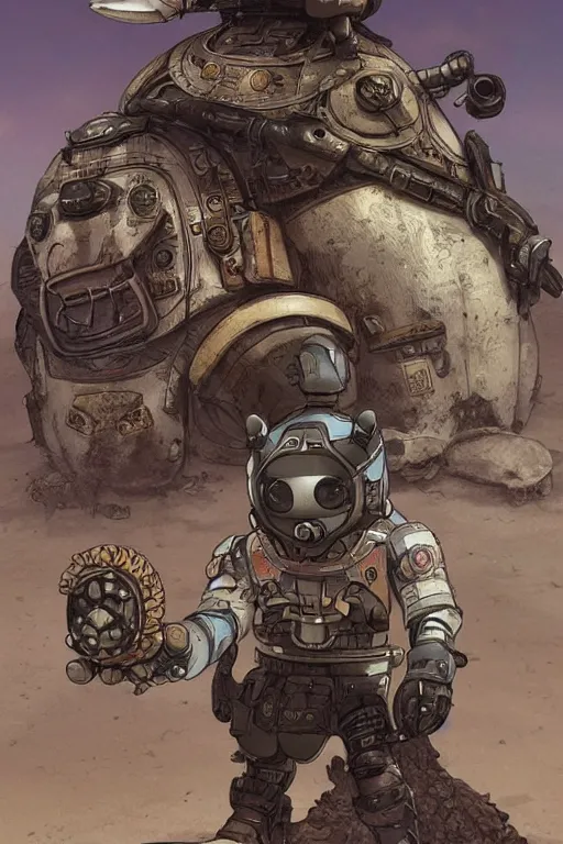 Image similar to anthropomorphic rodent with white and black ancestral ornate japanese tactical gear on an abandonment desert planet, high intricate details, long shot, rule of thirds, golden ratio, graphic novel by fiona staples and dustin nguyen, by beaststars and orange, peter elson, alan bean, studio ghibli, makoto shinkai