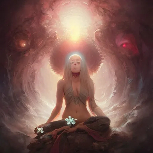 Image similar to face of a cute girl with eyes wide open looking into enlightenment by peter mohrbacher and emmanuel shiu and martin johnson heade and bastien lecouffe - deharme