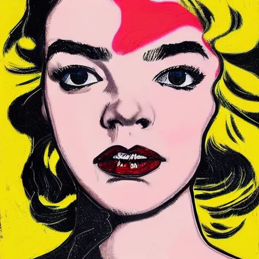 Image similar to beautiful female anya taylor - joy portrait in detail in oil by james jean, by andy warhol, by roy lichtenstein, by egon schiele