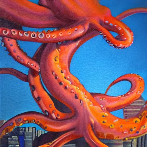 Image similar to oil painting of giant octopus ravaging metropolis